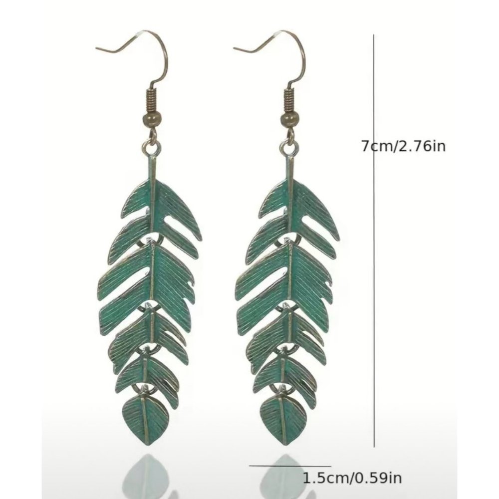 "Miami Beach Palm Leaf" Bohemian Long Copper Green Leaf Earrings - Picture 3 of 4